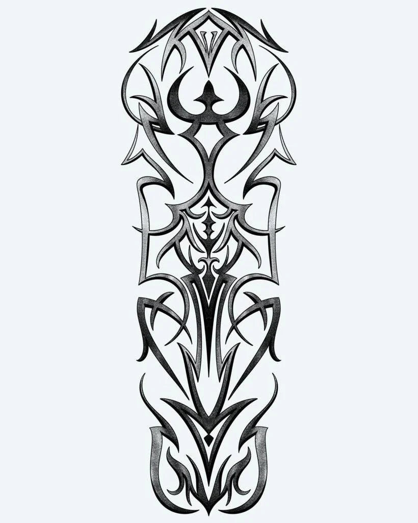 Gothic Tribal Symmetry semi-permanent tattoo design by INKON – symmetrical, gothic, tribal, sharp, interlocking illustration, 8 x 20 in (20x50cm), available at inkon.co