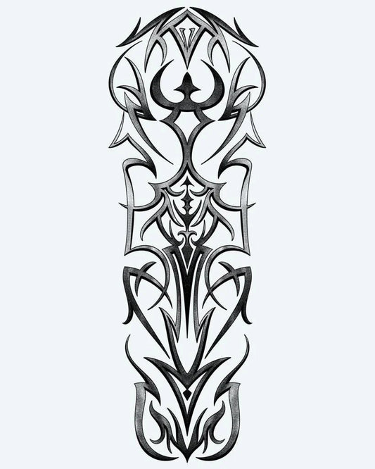 Gothic Tribal Symmetry semi-permanent tattoo design by INKON – symmetrical, gothic, tribal, sharp, interlocking illustration, 8 x 20 in (20x50cm), available at inkon.co