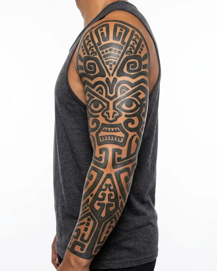 INKON Polynesian Tiki Face semi-permanent tattoo applied on a man – 8 x 20 in (20x50cm) design, realistic ink look, lasts 10 days