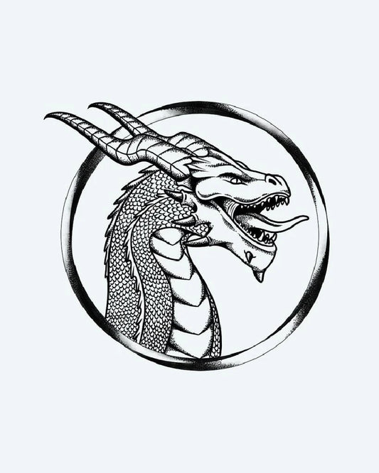 Horned Dragon Portrait semi-permanent tattoo design by INKON – illustrative, blackwork, horned, dragon, framed illustration, 4 x 4 in (9x9cm), available at inkon.co