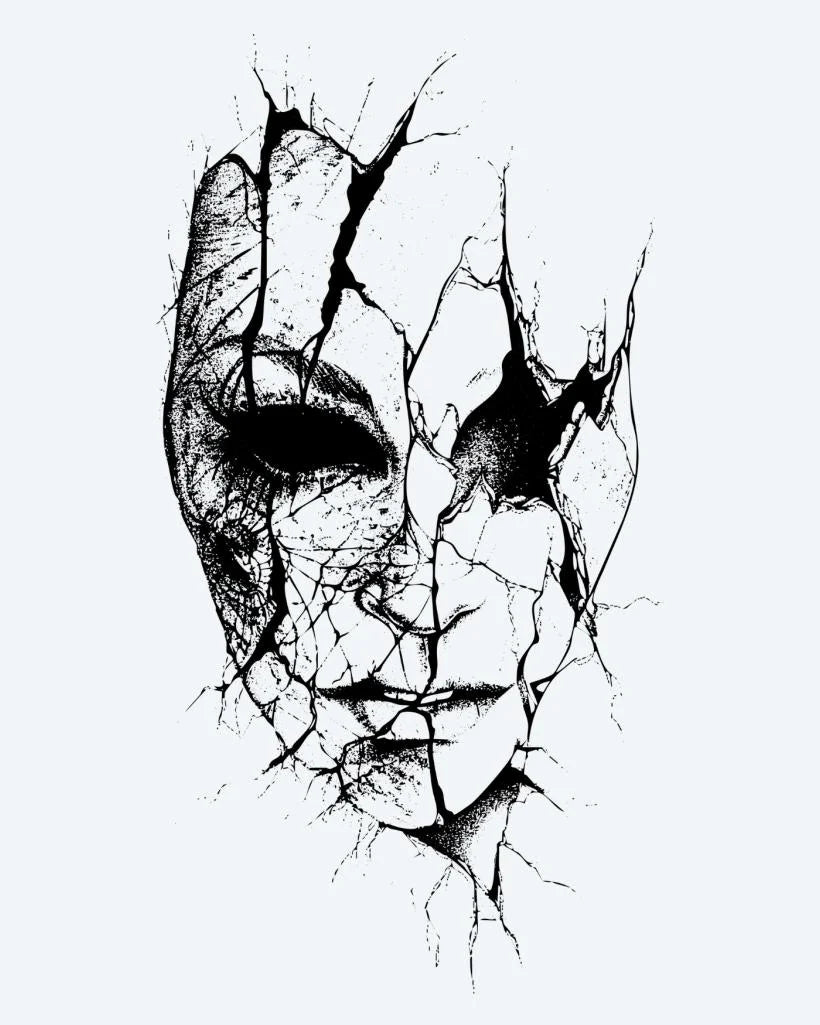 Cracked Face semi-permanent tattoo design by INKON – hauntingly, cracked, face, expressive, mysterious illustration, 3 x 4 in (7x10cm), available at inkon.co
