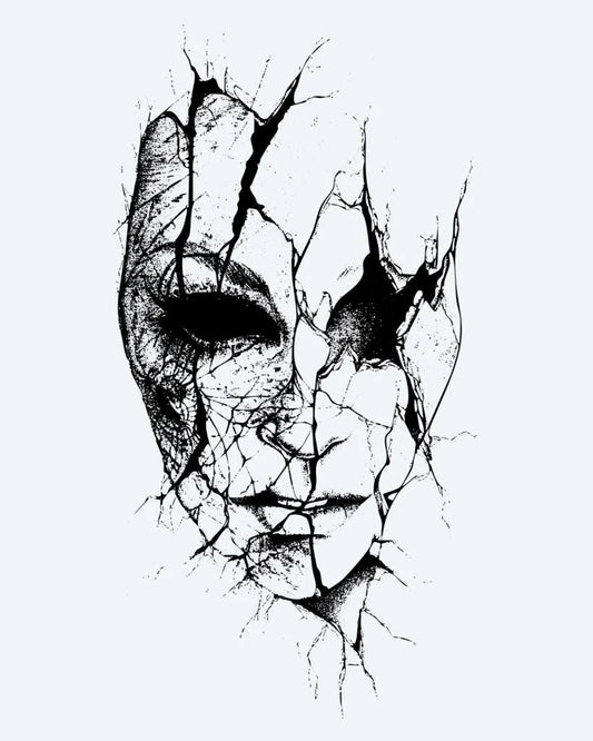 Cracked Face semi-permanent tattoo design by INKON – hauntingly, cracked, face, expressive, mysterious illustration, 3 x 4 in (7x10cm), available at inkon.co