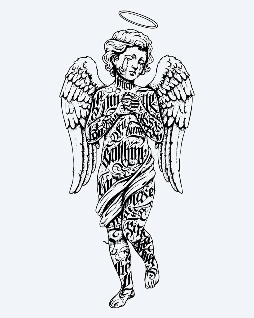 Lettered Angel semi-permanent tattoo design by INKON – winged, angel, figure, halo, covered illustration, 4 x 7 in (10x17cm), available at inkon.co