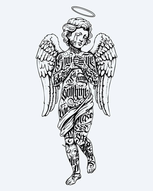 Lettered Angel semi-permanent tattoo design by INKON – winged, angel, figure, halo, covered illustration, 4 x 7 in (10x17cm), available at inkon.co