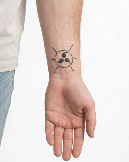INKON Cursed Seal Tomoe semi-permanent tattoo applied on a man – 2 x 2 in (5x5cm) design, realistic ink look, lasts 10 days