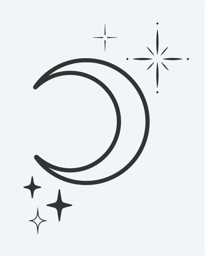 Crescent Moon & Stars semi-permanent tattoo design by INKON – crescent, moon, twinkling, stars, sparkle illustration, 2 x 2 in (5x5cm), available at inkon.co