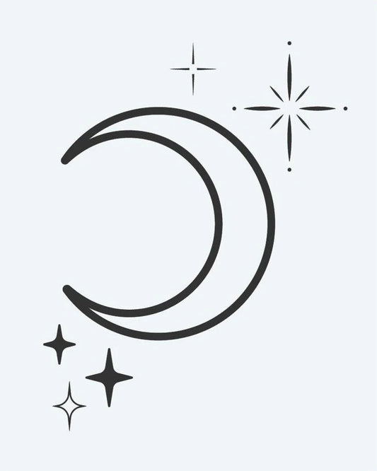 Crescent Moon & Stars semi-permanent tattoo design by INKON – crescent, moon, twinkling, stars, sparkle illustration, 2 x 2 in (5x5cm), available at inkon.co