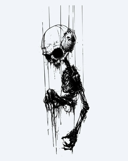 Fallen Skeleton semi-permanent tattoo design by INKON – dark, dramatic, falling, skeleton, surrounded illustration, 3 x 4 in (6x11cm), available at inkon.co