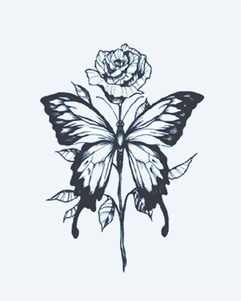 Rose & Butterfly semi-permanent tattoo design by INKON – delicate, combining, rose, bloom, butterfly illustration, 3 x 4 in (6x11cm), available at inkon.co