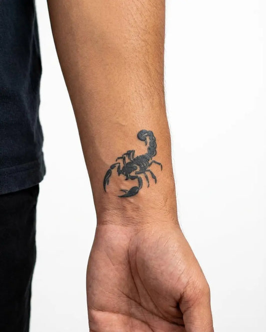 INKON Striking Scorpion semi-permanent tattoo applied on a man – 2 x 2 in (5x5cm) design, realistic ink look, lasts 10 days