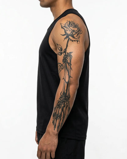 INKON Skeleton Hand & Rose semi-permanent tattoo applied on a man – 8 x 20 in (20x50cm) design, realistic ink look, lasts 10 days