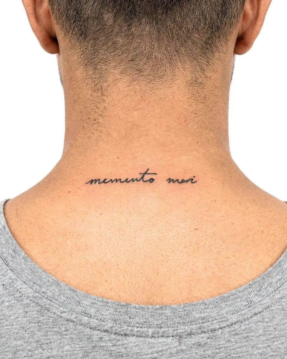 INKON Memento Mori semi-permanent tattoo applied on a man – 3 x 4 in (6x11cm) design, realistic ink look, lasts 10 days