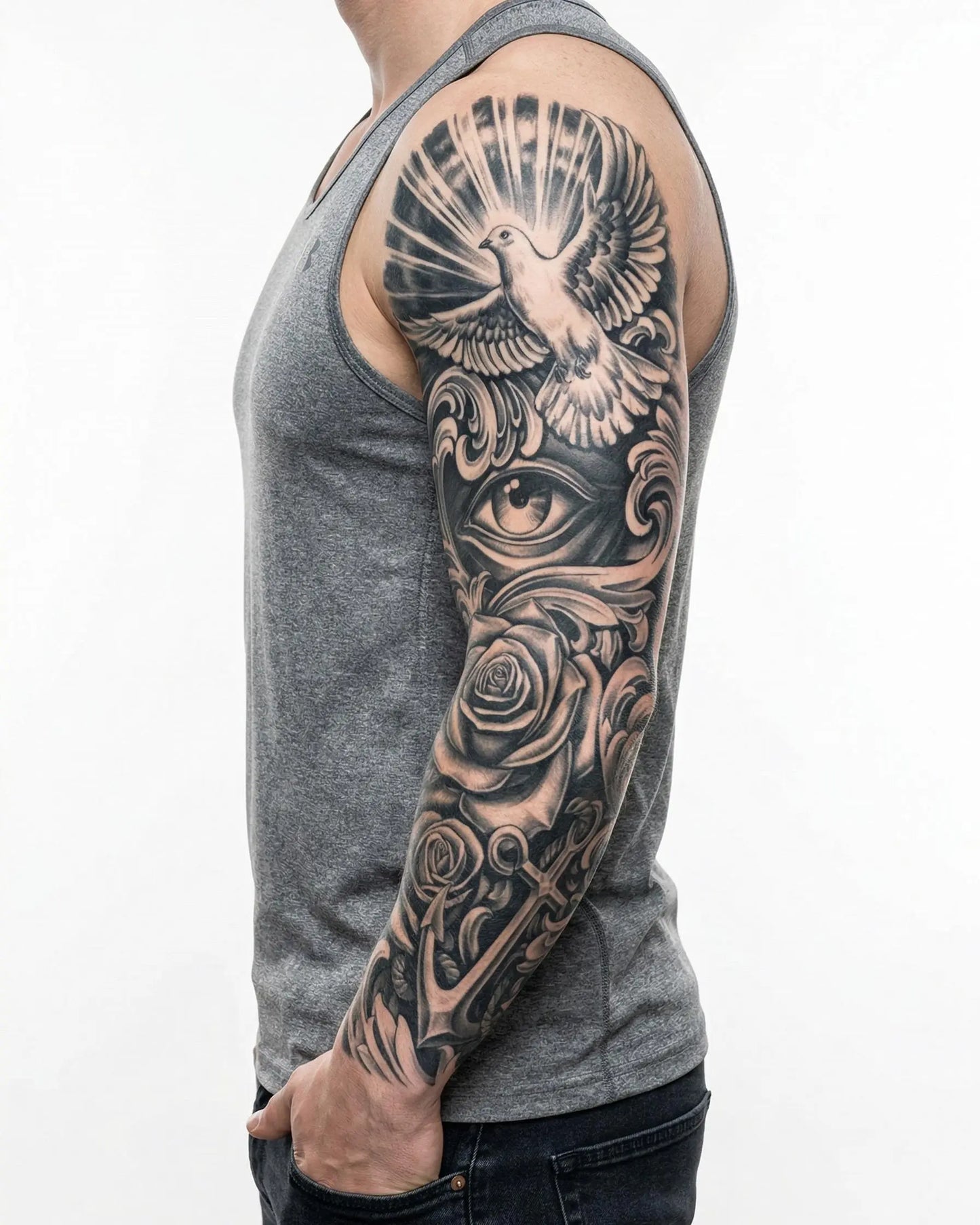 INKON Dove, Eye & Anchor semi-permanent tattoo applied on a man – 8 x 20 in (20x50cm) design, realistic ink look, lasts 10 days