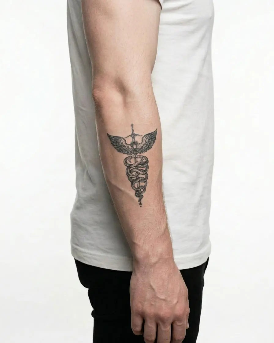 INKON Caduceus Serpents & Sword semi-permanent tattoo applied on a man – 3 x 4 in (7x10cm) design, realistic ink look, lasts 10 days