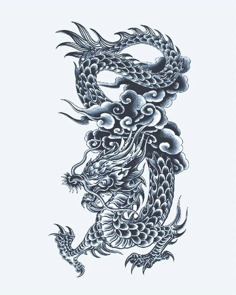 Traditional Dragon semi-permanent tattoo design by INKON – majestic, asian, dragon, scales, flowing illustration, 4 x 8 in (11x21cm), available at inkon.co
