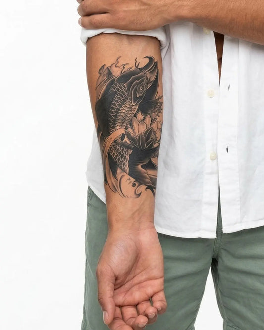 INKON Koi Fish & Lotus semi-permanent tattoo applied on a man – 4 x 7 in (10x17cm) design, realistic ink look, lasts 10 days
