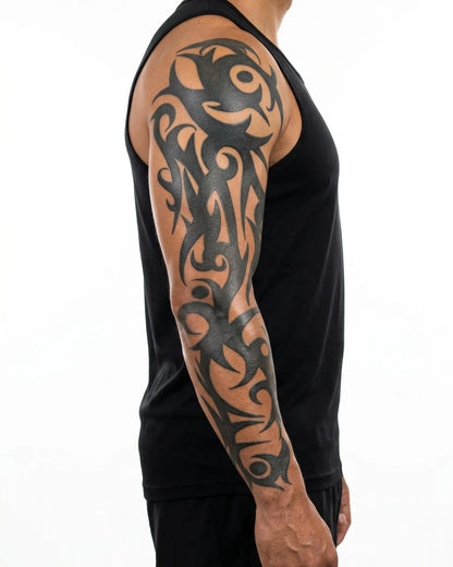 INKON Abstract Tribal Vine semi-permanent tattoo applied on a man – 8 x 20 in (20x50cm) design, realistic ink look, lasts 10 days