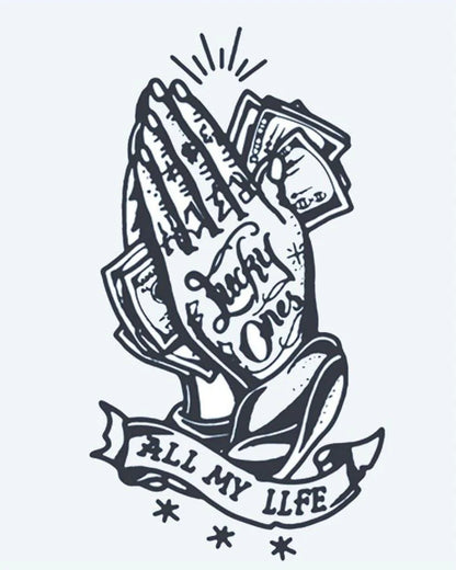 Lucky Ones Praying Hands semi-permanent tattoo design by INKON – praying, hands, holding, cash, lettering illustration, 4 x 7 in (10x17cm), available at inkon.co