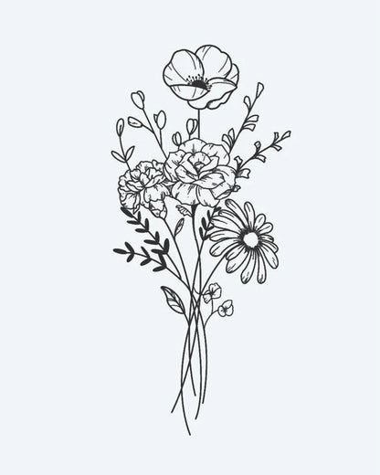 Wildflower Bouquet semi-permanent tattoo design by INKON – delicate, fine, line, tied, wildflower illustration, 3 x 4 in (6x11cm), available at inkon.co