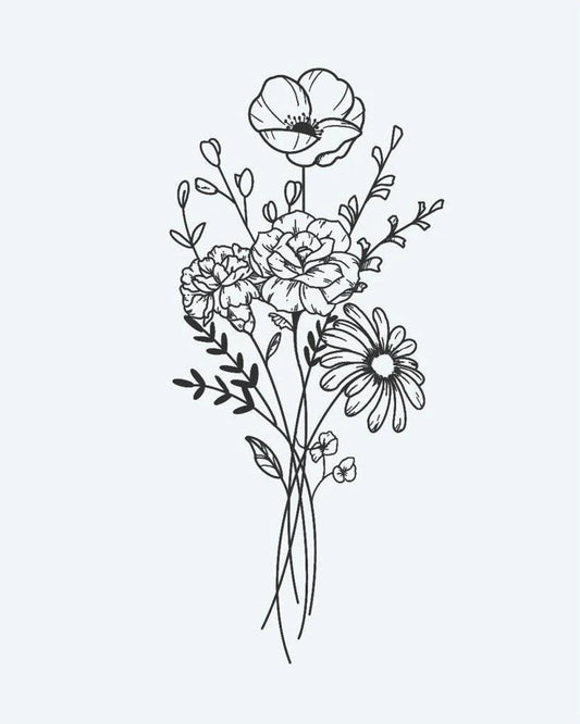 Wildflower Bouquet semi-permanent tattoo design by INKON – delicate, fine, line, tied, wildflower illustration, 3 x 4 in (6x11cm), available at inkon.co