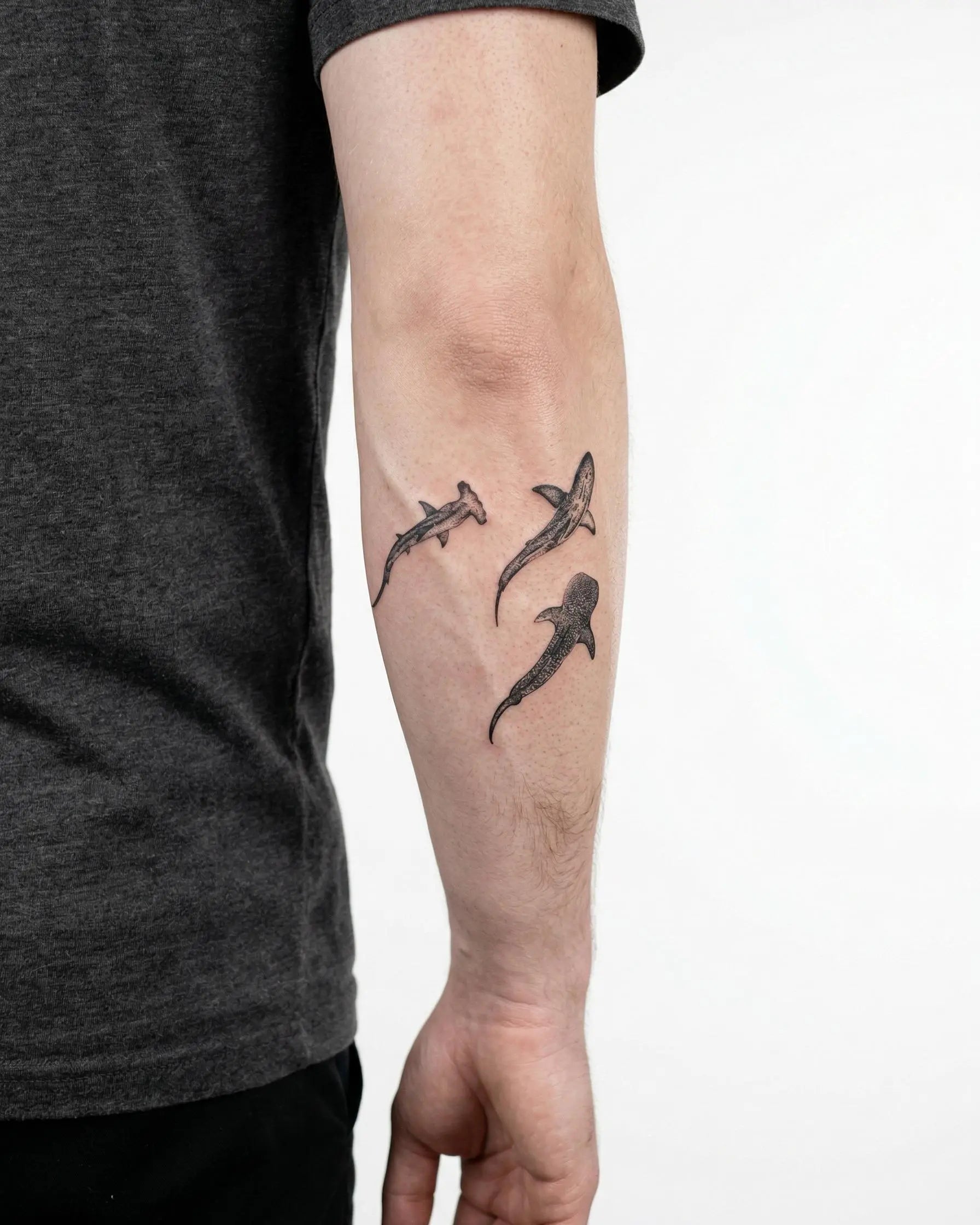 INKON Three Sharks semi-permanent tattoo applied on a man – 4 x 4 in (9x9cm) design, realistic ink look, lasts 10 days