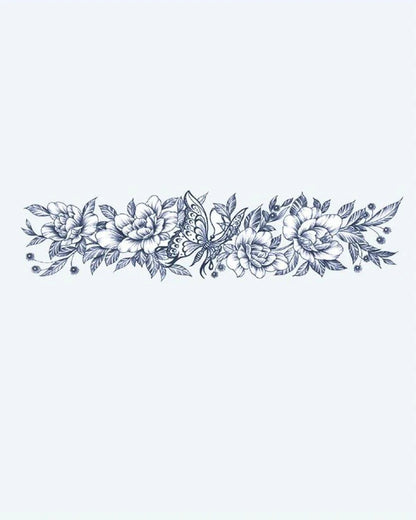 Butterfly & Peony Band semi-permanent tattoo design by INKON – delicate, floral, armband, peonies, wildflowers illustration, 2 x 9 in (5x23cm), available at inkon.co