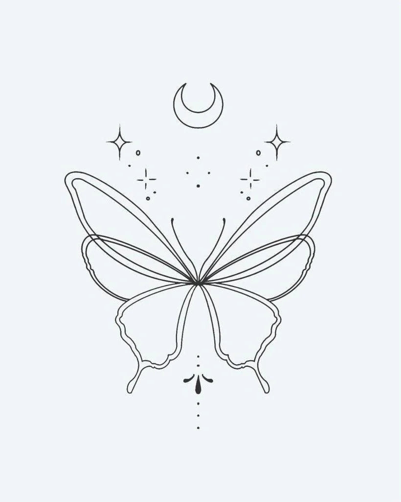 Celestial Butterfly semi-permanent tattoo design by INKON – graceful, butterfly, crescent, moon, stars illustration, 2 x 2 in (5x5cm), available at inkon.co
