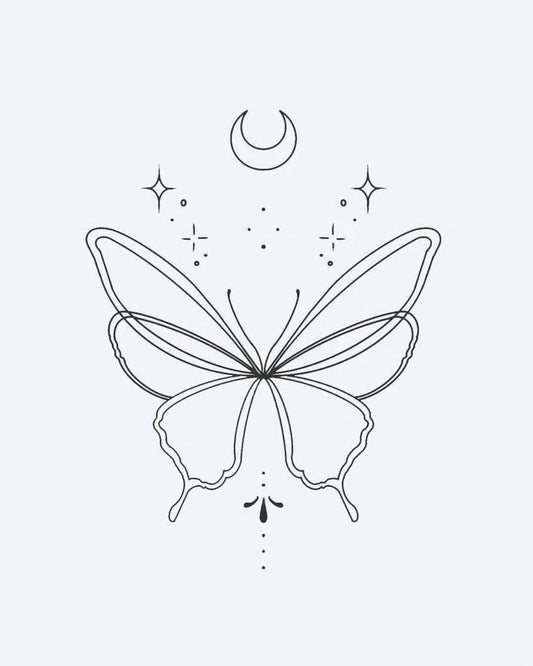 Celestial Butterfly semi-permanent tattoo design by INKON – graceful, butterfly, crescent, moon, stars illustration, 2 x 2 in (5x5cm), available at inkon.co