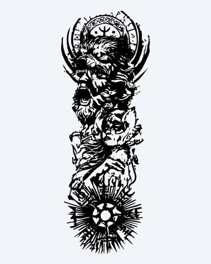 Viking Warrior Sleeve semi-permanent tattoo design by INKON – epic, norse, full, sleeve, viking illustration, 8 x 20 in (20x50cm), available at inkon.co