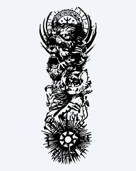 Viking Warrior Sleeve semi-permanent tattoo design by INKON – epic, norse, full, sleeve, viking illustration, 8 x 20 in (20x50cm), available at inkon.co