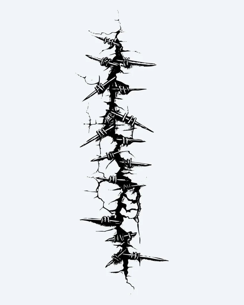 Barbed Wire Scar semi-permanent tattoo design by INKON – vertical, barbed, wire, emerging, cracked illustration, 4 x 7 in (10x17cm), available at inkon.co