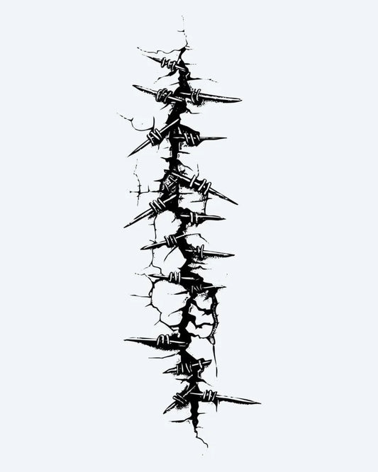Barbed Wire Scar semi-permanent tattoo design by INKON – vertical, barbed, wire, emerging, cracked illustration, 4 x 7 in (10x17cm), available at inkon.co