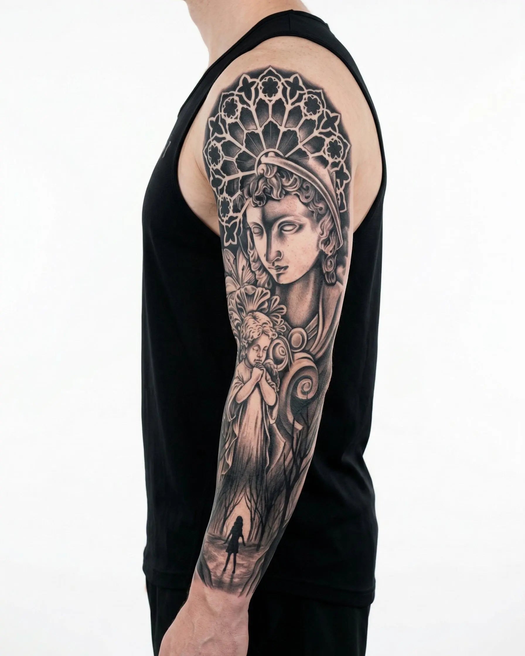 INKON Guardian Angel & Cathedral semi-permanent tattoo applied on a man – 8 x 20 in (20x50cm) design, realistic ink look, lasts 10 days