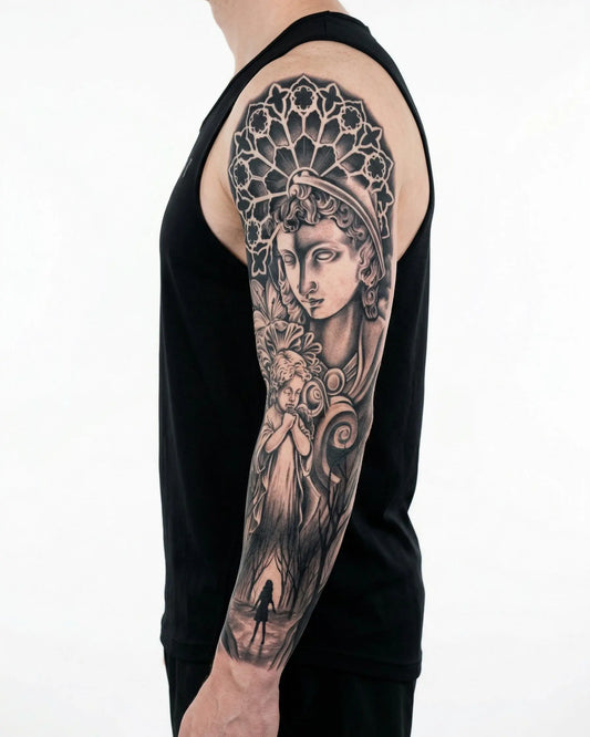 INKON Guardian Angel & Cathedral semi-permanent tattoo applied on a man – 8 x 20 in (20x50cm) design, realistic ink look, lasts 10 days