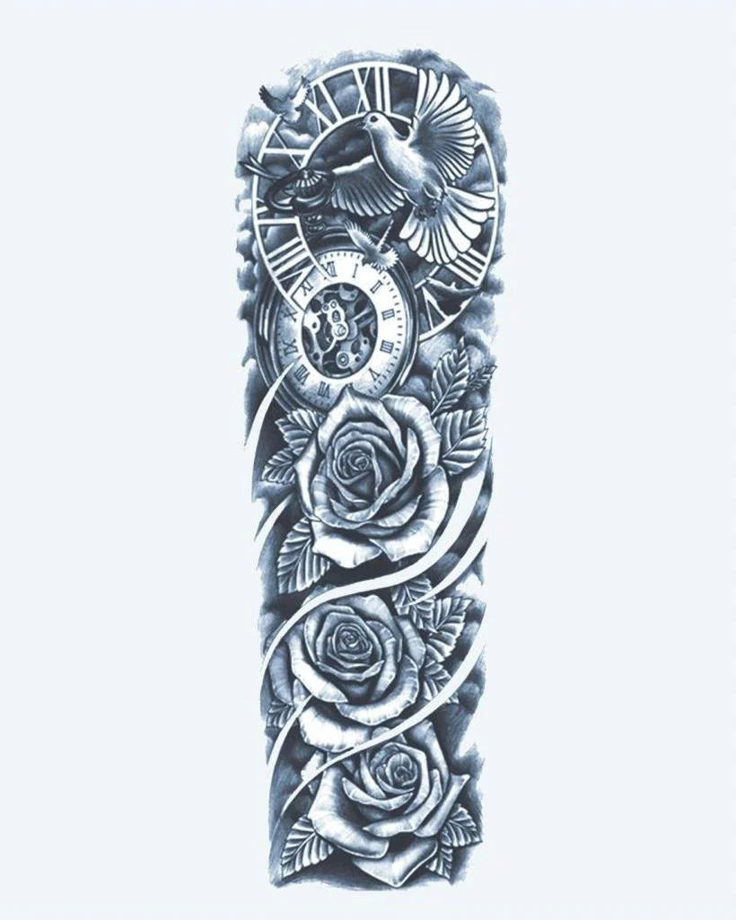 Clock, Dove & Roses semi-permanent tattoo design by INKON – timeless, full, sleeve, roman, numeral illustration, 8 x 20 in (20x50cm), available at inkon.co