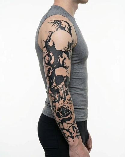 INKON Skulls & Roses Sleeve semi-permanent tattoo applied on a man – 8 x 20 in (20x50cm) design, realistic ink look, lasts 10 days