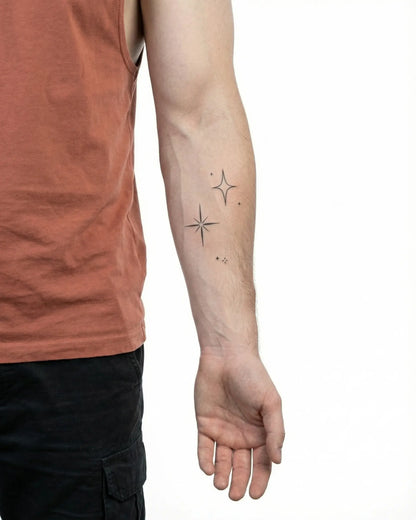 INKON Sparkle Stars semi-permanent tattoo applied on a man – 3 x 4 in (6x11cm) design, realistic ink look, lasts 10 days