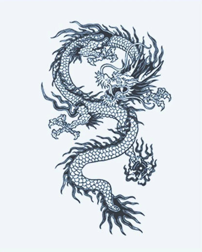 Chinese Dragon 2 semi-permanent tattoo design by INKON – sinuous, chinese, dragon, scales, claws illustration, 3 x 4 in (7x10cm), available at inkon.co