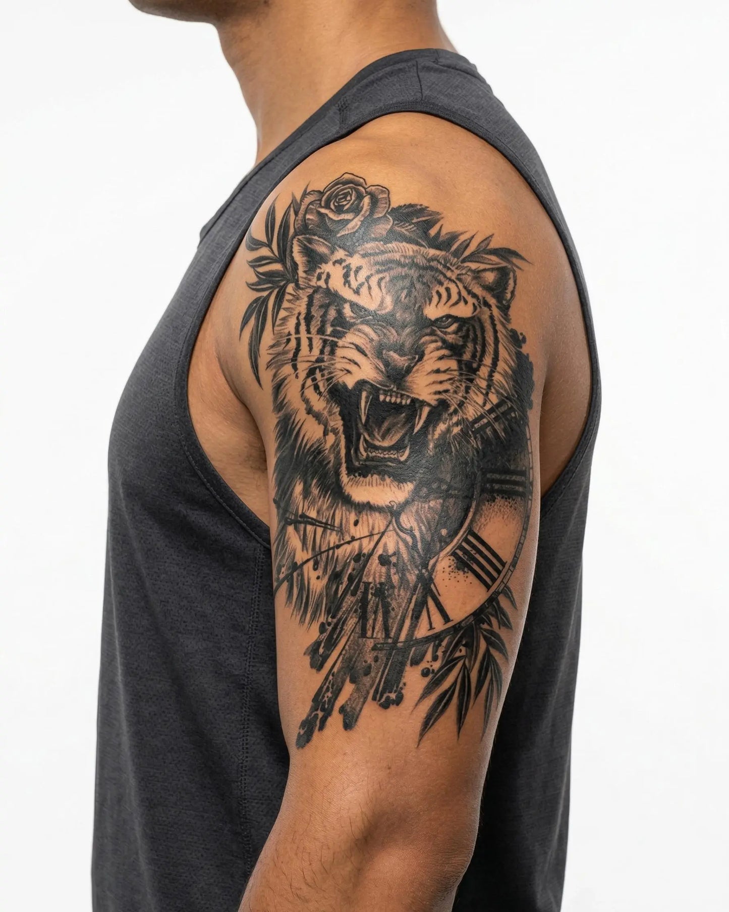 INKON Tiger & Clock semi-permanent tattoo applied on a man – 4 x 8 in (11x21cm) design, realistic ink look, lasts 10 days