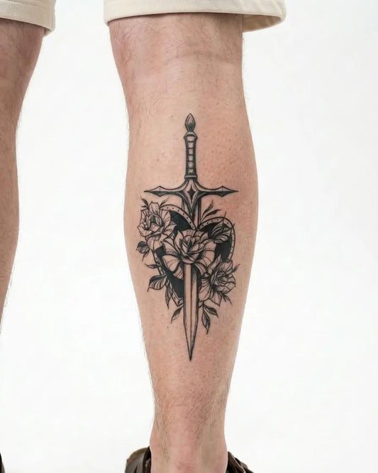 INKON Sword & Roses Shield semi-permanent tattoo applied on a man – 4 x 7 in (10x17cm) design, realistic ink look, lasts 10 days