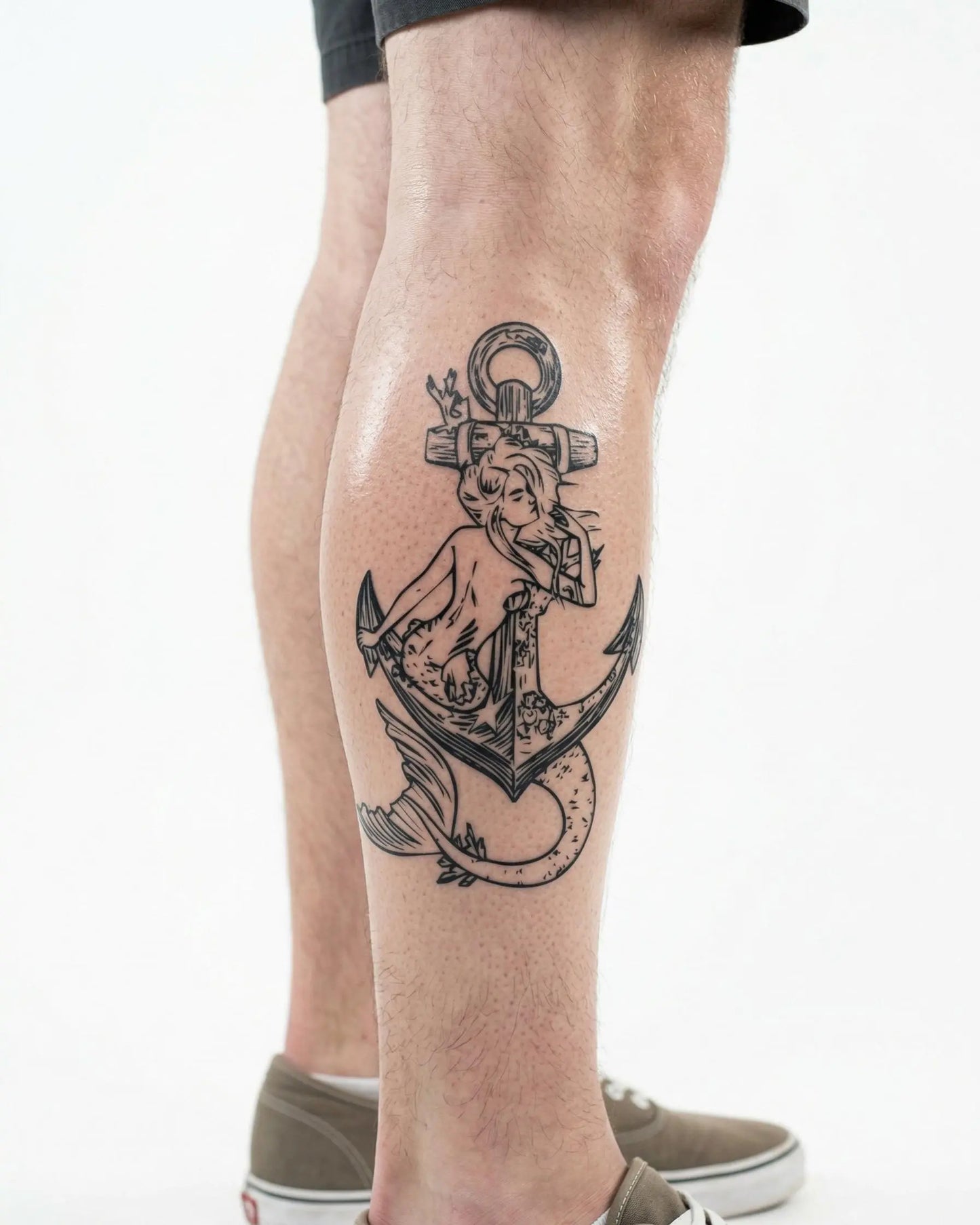 INKON Mermaid & Anchor semi-permanent tattoo applied on a man – 4 x 7 in (10x17cm) design, realistic ink look, lasts 10 days