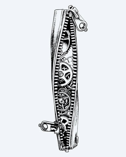 Steampunk Gears Band semi-permanent tattoo design by INKON – steampunk, mechanical, gears, cogs, horizontal illustration, 4 x 8 in (11x21cm), available at inkon.co