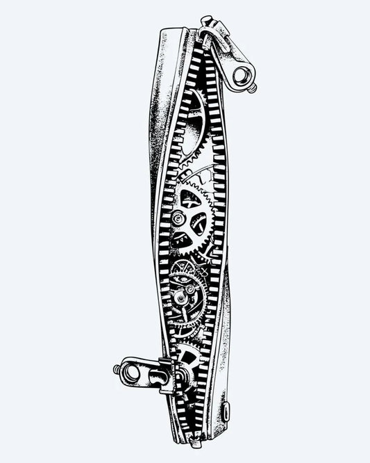 Steampunk Gears Band semi-permanent tattoo design by INKON – steampunk, mechanical, gears, cogs, horizontal illustration, 4 x 8 in (11x21cm), available at inkon.co