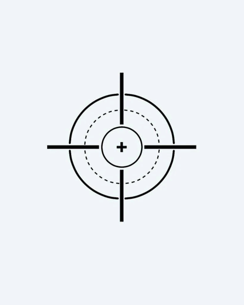 Tactical Crosshair semi-permanent tattoo design by INKON – minimalist, linework, constructs, precise, tactical illustration, 2 x 2 in (5x5cm), available at inkon.co