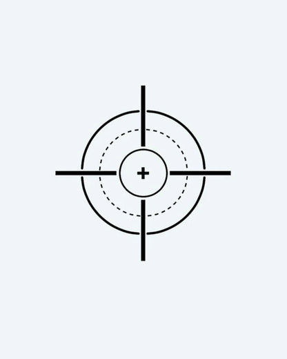 Tactical Crosshair semi-permanent tattoo design by INKON – minimalist, linework, constructs, precise, tactical illustration, 2 x 2 in (5x5cm), available at inkon.co
