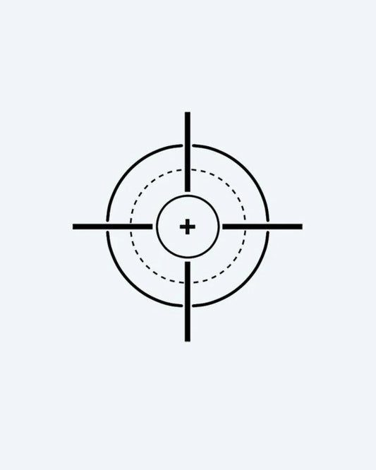 Tactical Crosshair semi-permanent tattoo design by INKON – minimalist, linework, constructs, precise, tactical illustration, 2 x 2 in (5x5cm), available at inkon.co