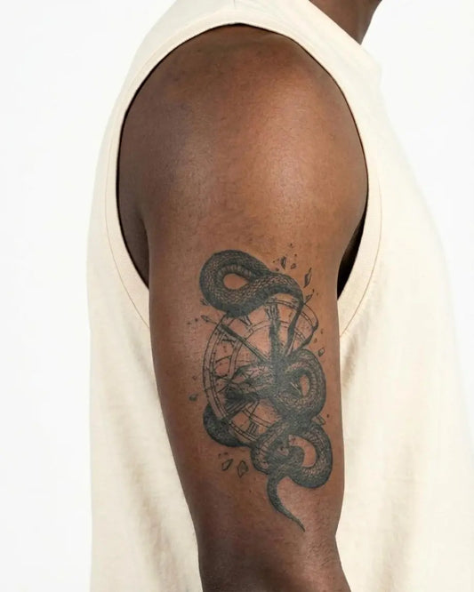 INKON Snake & Shattered Clock semi-permanent tattoo applied on a man – 4 x 7 in (10x17cm) design, realistic ink look, lasts 10 days