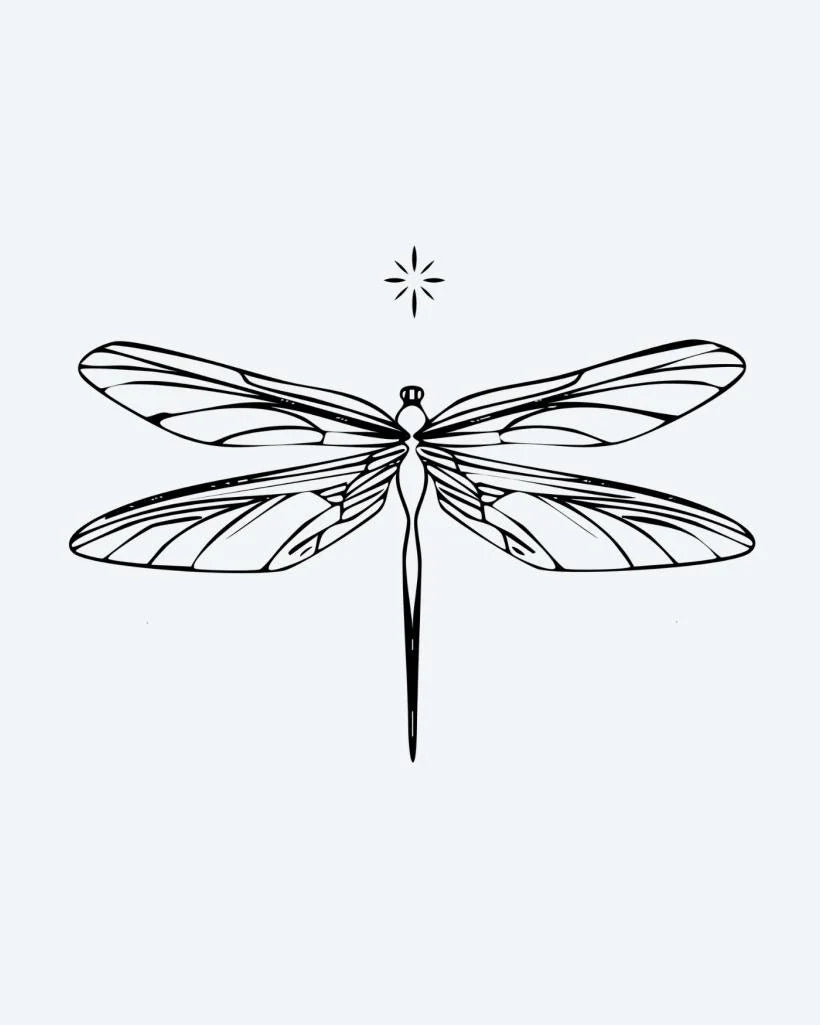 Dragonfly semi-permanent tattoo design by INKON – dragonfly, wing, patterns, small, star illustration, 2 x 2 in (5x5cm), available at inkon.co