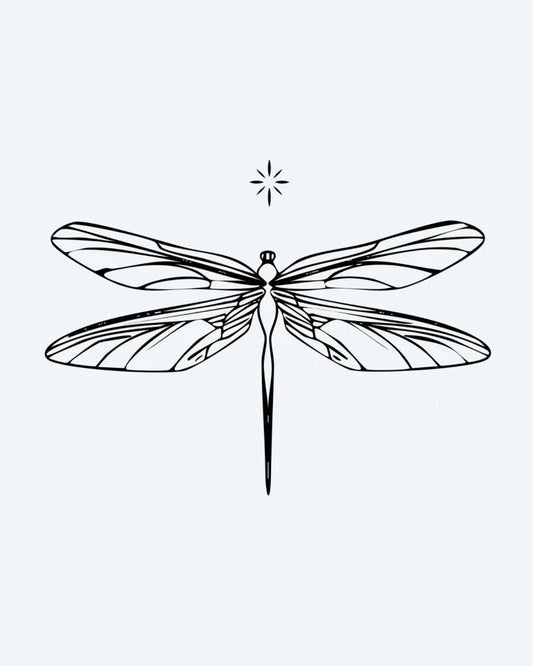 Dragonfly semi-permanent tattoo design by INKON – dragonfly, wing, patterns, small, star illustration, 2 x 2 in (5x5cm), available at inkon.co