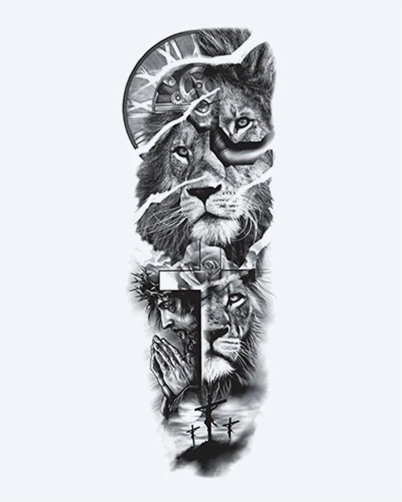 Lion, Cross & Praying Hands semi-permanent tattoo design by INKON – faith, full, sleeve, lions, cross illustration, 8 x 20 in (20x50cm), available at inkon.co